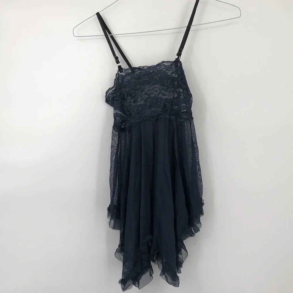 3/$25 Handkerchief Style Babydoll Chemise with Thong Dark Blue and Black Size M